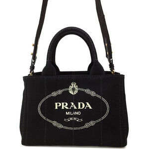 Prada Canapa Tote canvas handbag top handles 2way Black